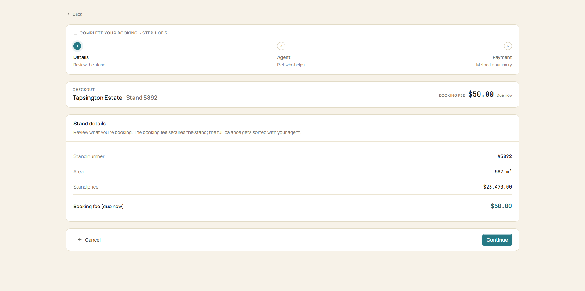 Booking checkout: review the parcel, choose your agent, then pay