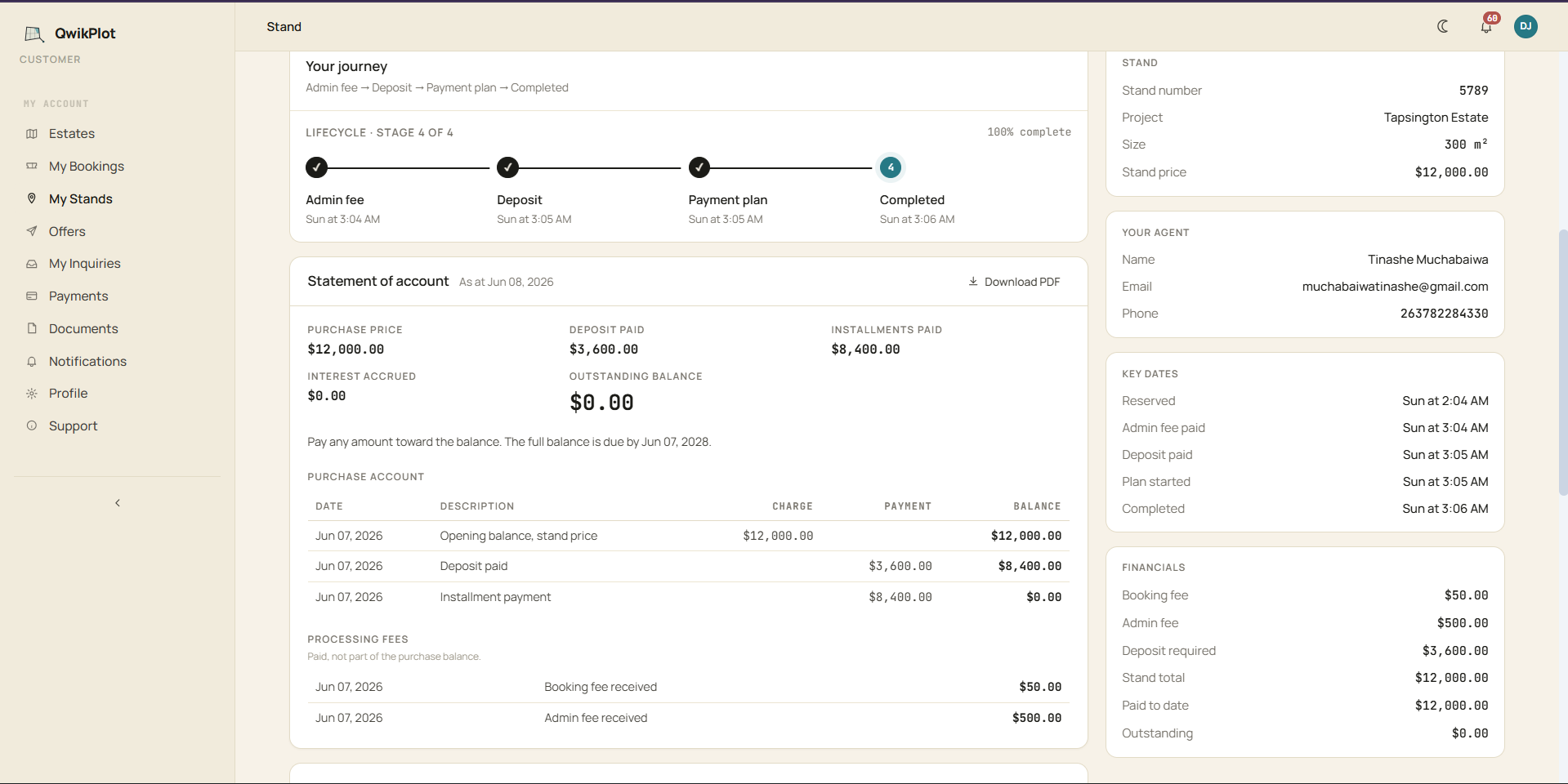 A statement of account with a downloadable PDF, generated by the platform
