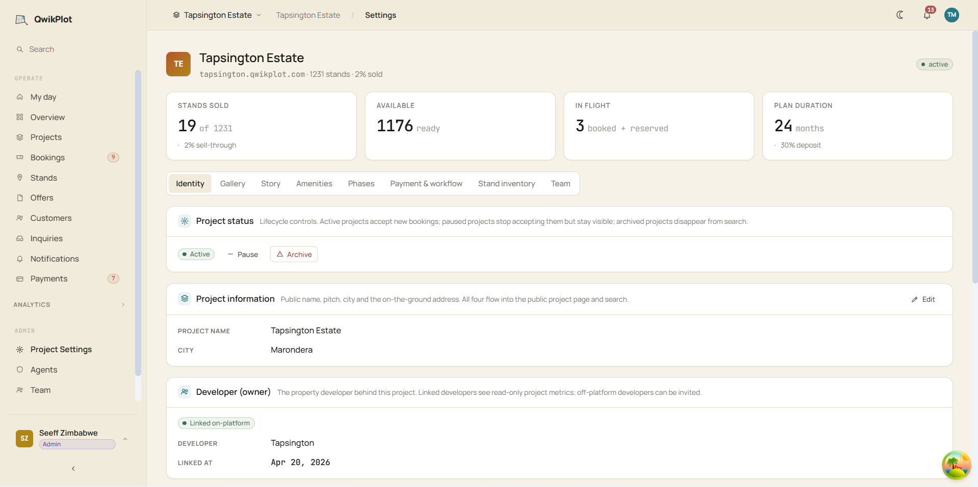 Project identity settings: status, information, developer-owner link and branding